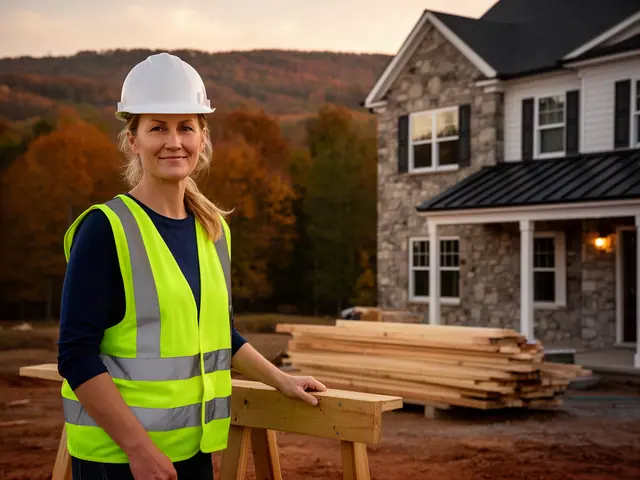 A builder in a hard hat and safety vest on a home construction site.