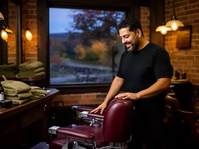 A man with short black hair beside new equipment in a small barbershop.