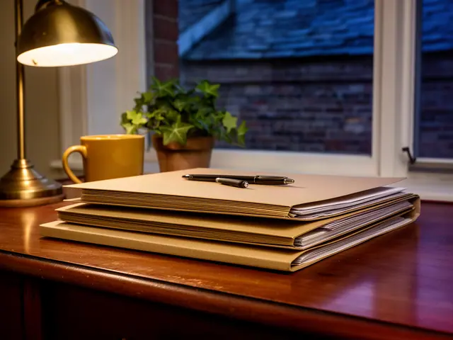 A neat stack of closed manila folders and a pen on a desk by a window.