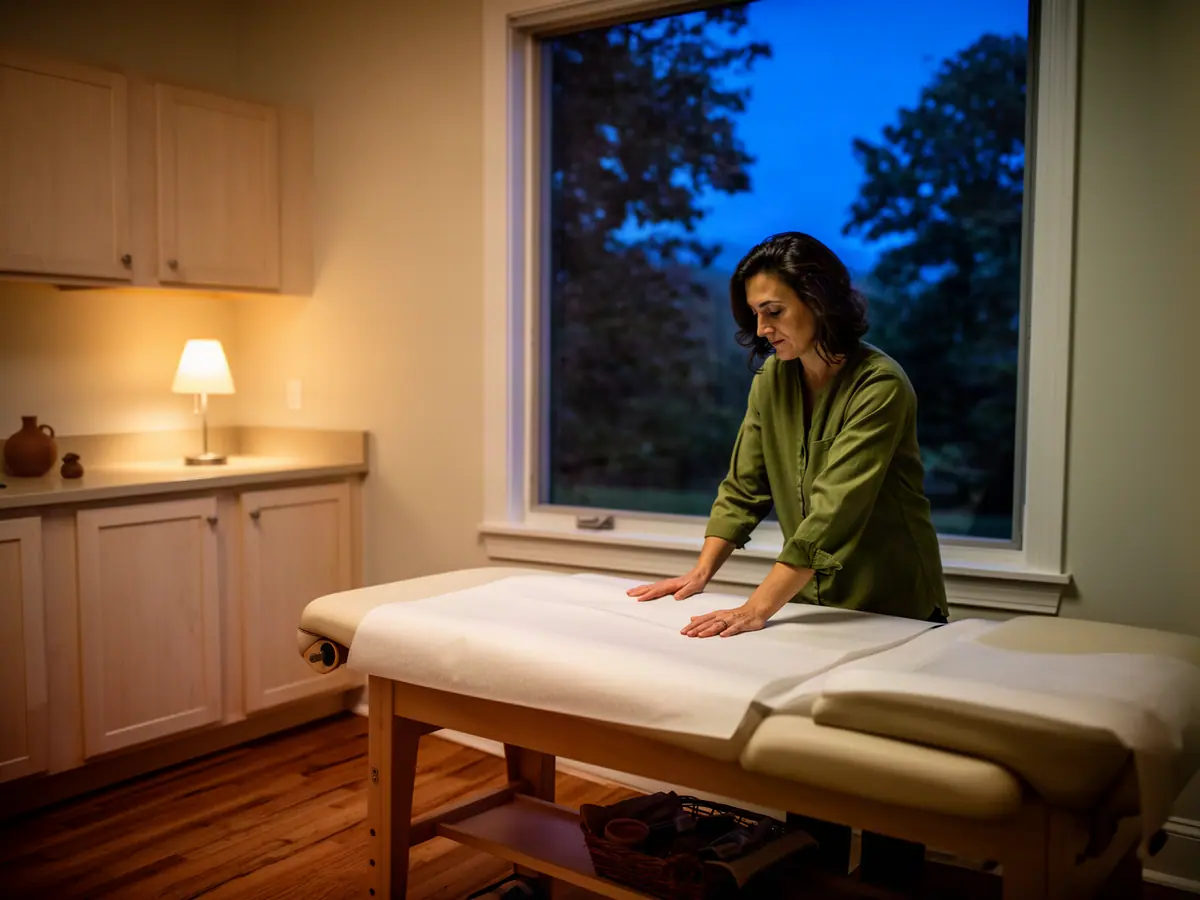 A family physician smoothing a fresh paper sheet over the exam table at the end of the day.