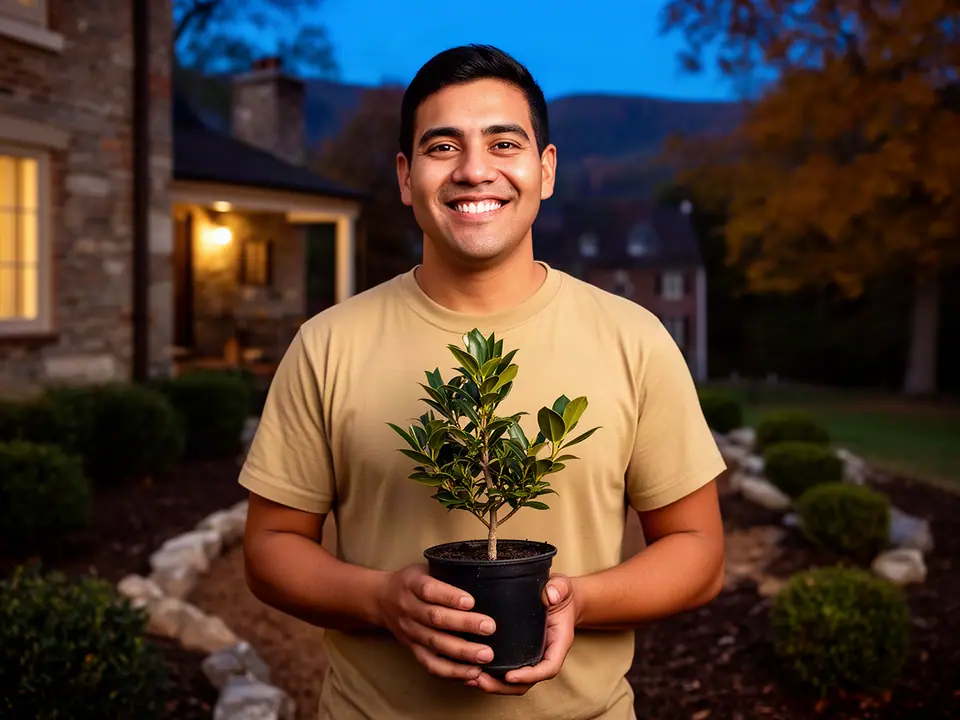 A landscaper holding a potted plant in a new front-yard bed.