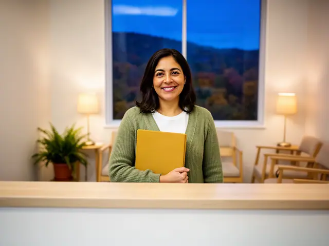 A clinic office manager holding a folder behind a reception counter.