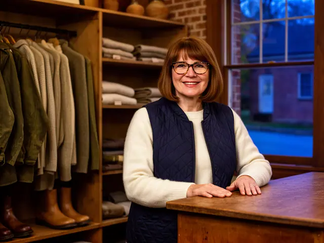 A shop owner behind the counter of a small country-clothing shop.