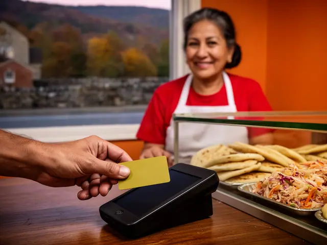 A customer taps a card on a counter terminal at a small pupuseria counter.