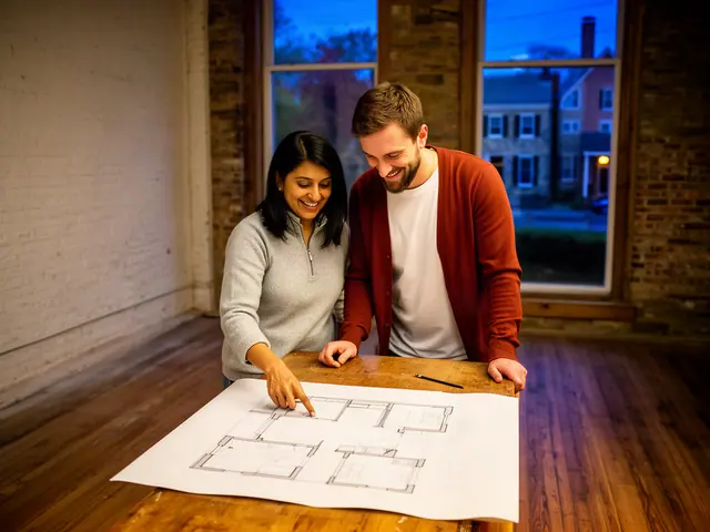 Two business partners looking over a pencil floor sketch in an empty storefront.