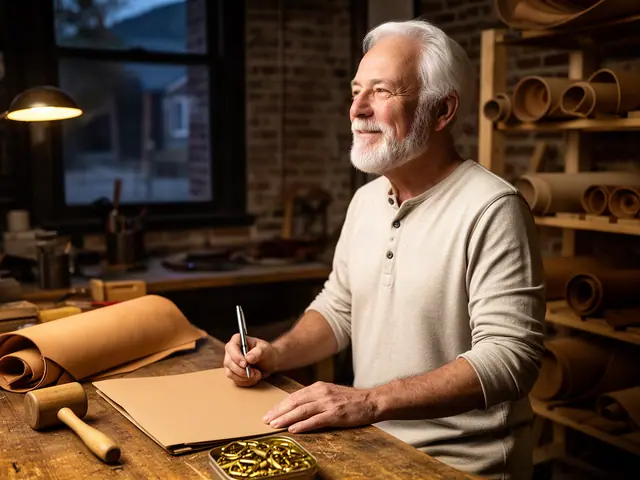 A man with short white hair at a work table with a closed folder in a small leather-goods workshop.